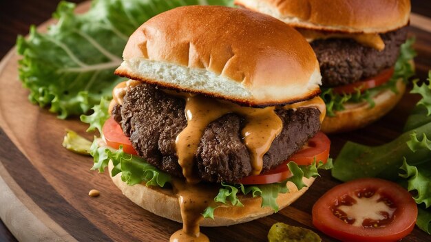 Photo beef cotlet burger with sauce on a wooden board