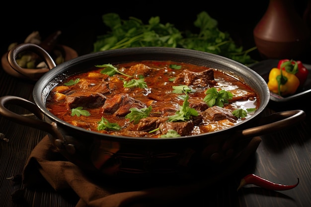 Beef curry Kadai nihari Pakistaanse Indiase keuken geserveerd in een metalen schaal