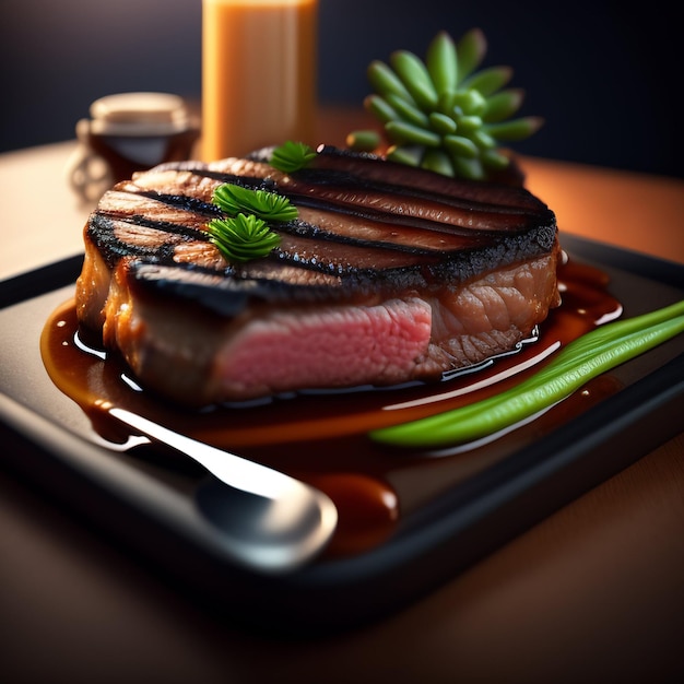 Beef dinner Delicious grilled stake Big steak meat dish on a main course plate generated Ai