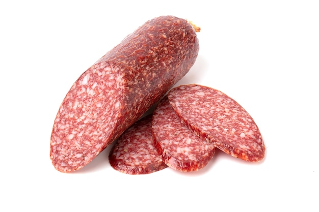 Beef Dried smoked Salami sausage closeup isolated on a white background