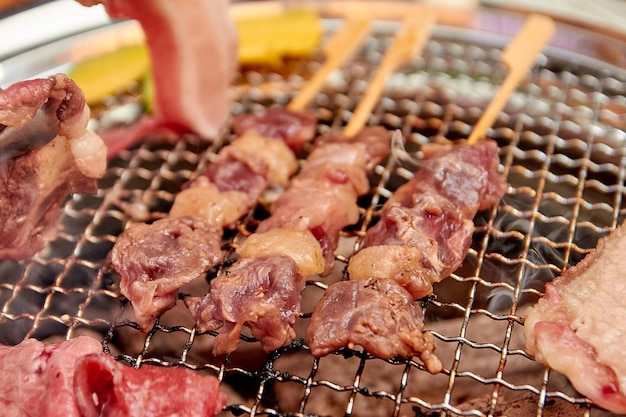 Beef dry aged skewers Grilled meat on the grill stove