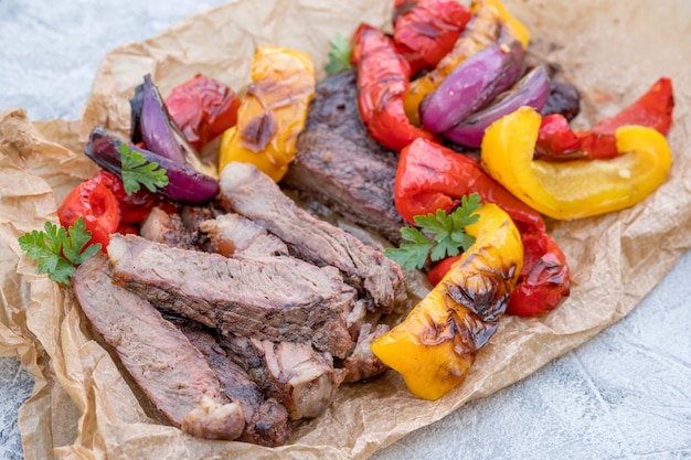 Beef Fajitas with colorful bell peppers on a table