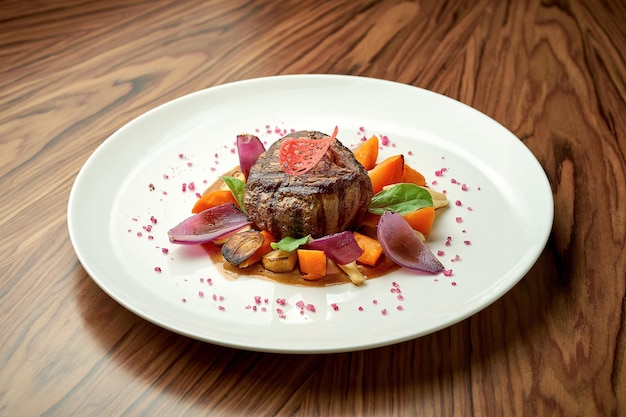 Beef fillet mignon with baked onions and vegetables in a white plate on a wooden background