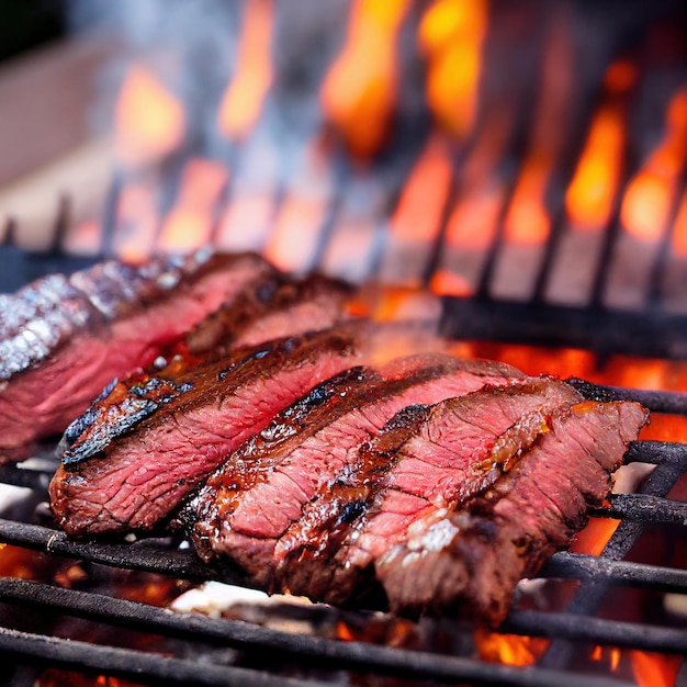 Photo beef flank steak on grill with fire flames