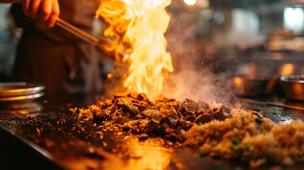 Beef Fried Rice against a Japanese grill