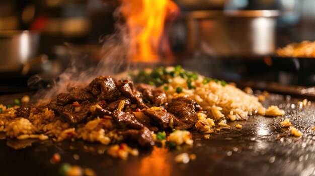 Beef Fried Rice against a Japanese grill