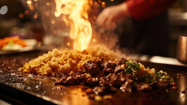 Beef Fried Rice against a Japanese grill