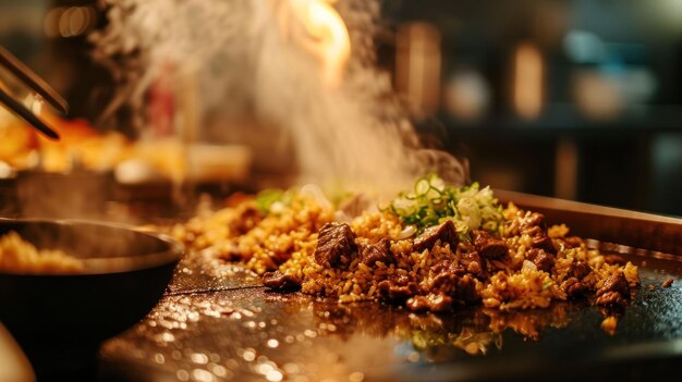 Beef Fried Rice against a Japanese grill