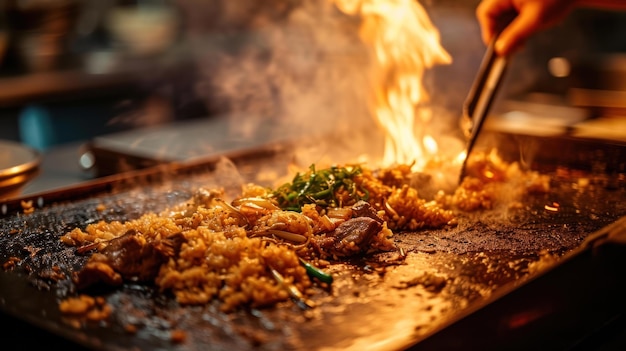 Beef Fried Rice against a Japanese grill