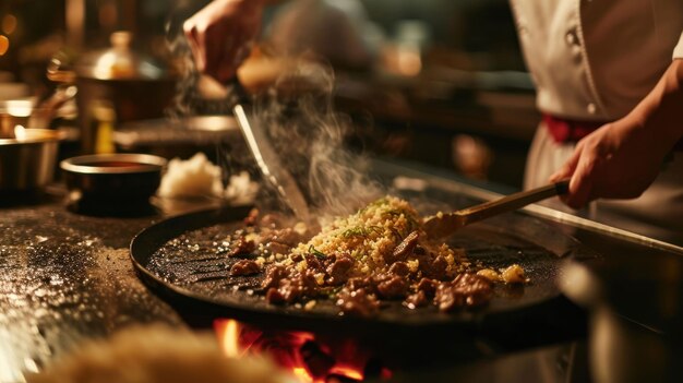 Beef Fried Rice against a Japanese grill