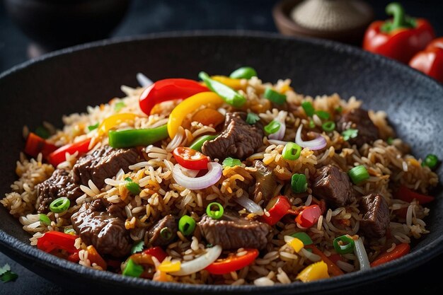 Photo beef fried rice with bell peppers and onions