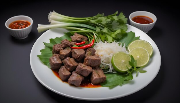 Beef fried Thai food on a white plate with spring onion kaffir lime leaves chilies salad and chili paste in a cup black background