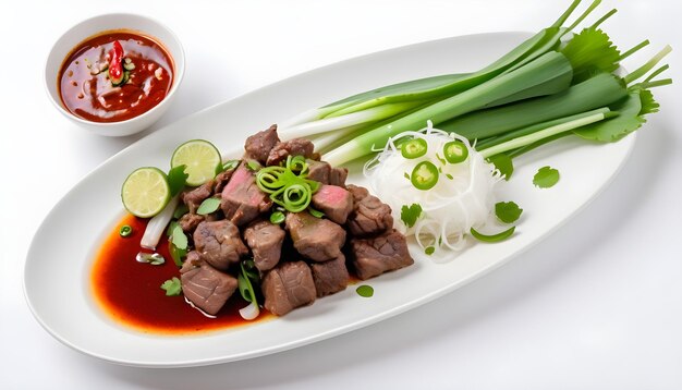 Beef fried Thai food on a white plate with spring onion kaffir lime leaves chilies salad and chili paste in a cup white background