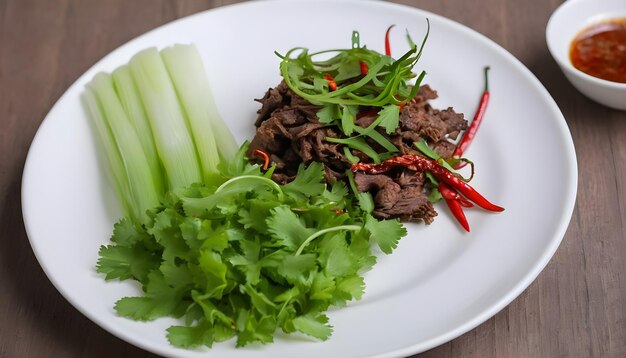 Beef fried Thai food on a white plate with spring onion