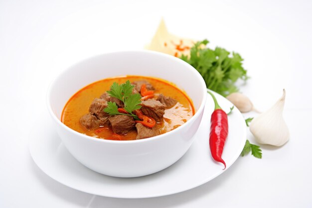 Beef goulash soup with red pepper flakes on a white backdrop