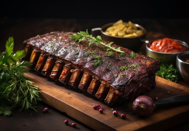 Photo beef grilled on a wood frame with leaves in it