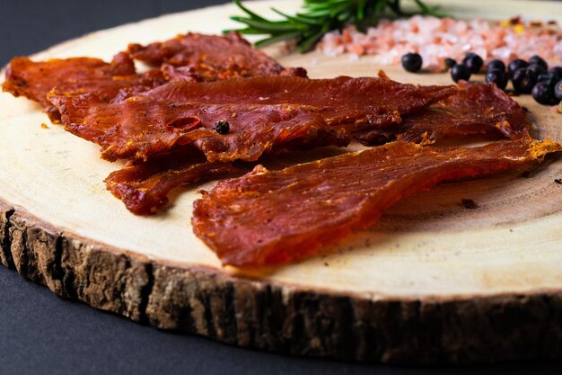 Photo beef jerky pieces isolated on a white and black background