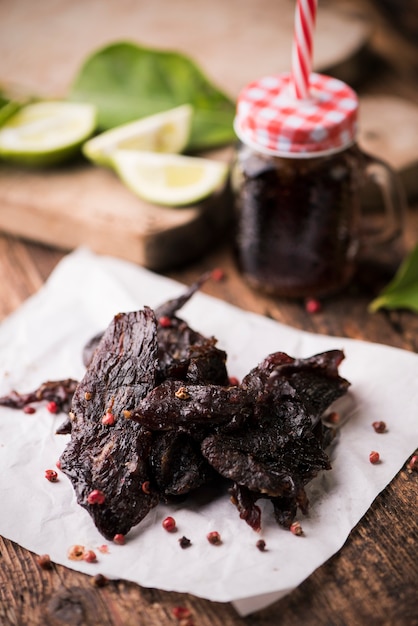 Beef Jerky on wooden background