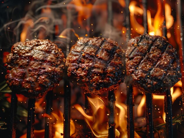 Foto hamburger tritati di carne di manzo sulla griglia in fiamme generato dal fuoco del barbecue