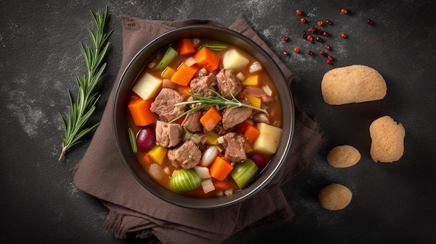 Beef meat and vegetables stew in black bowl