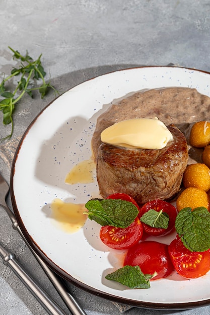 Photo beef medallion with potato balls and mushroom sauce topped with a piece of butter