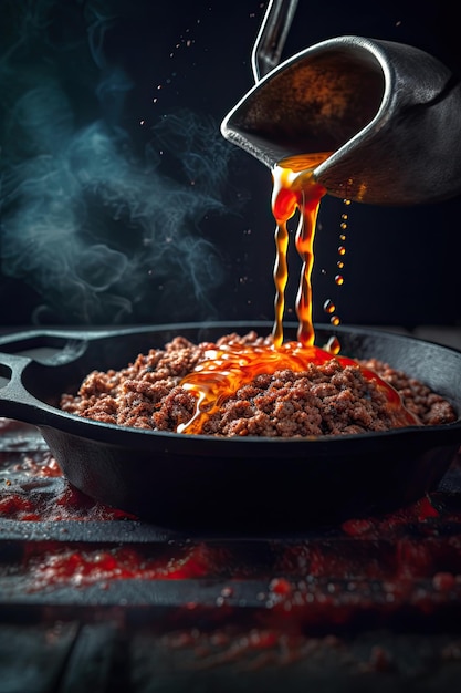 Beef mince served directly in a cast iron skillet with molten honey sauce in the top