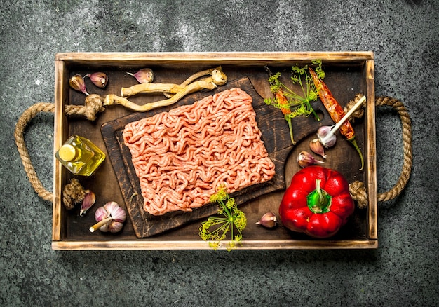 Beef minced meat with spices and herbs on an old tray.