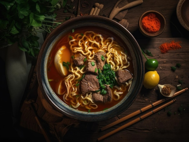 Beef Noodle Soup in a rustic kitchen Food photography