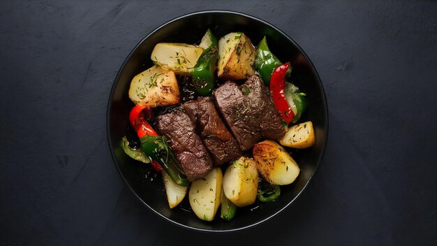 Photo beef pan baebacue bbq with grilled potatoes and bell peppers