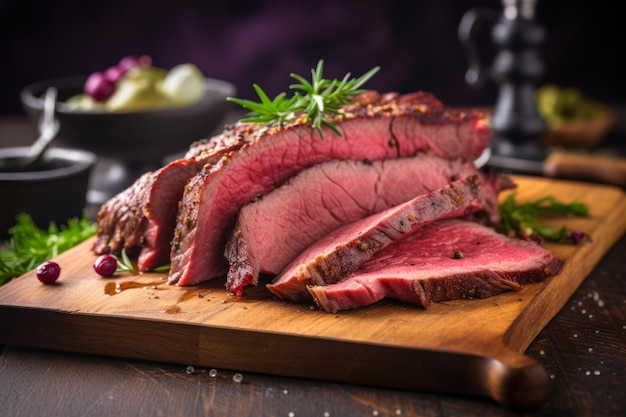 Beef pastrami slices on cutting board