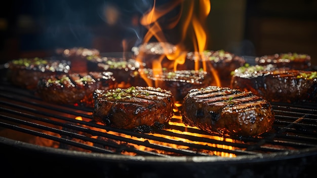 Beef patties cooking on charcoal grill