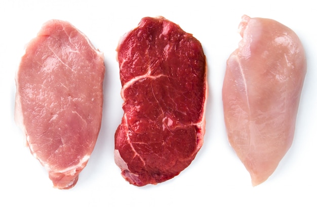 Beef, pork, chicken, isolated on white.