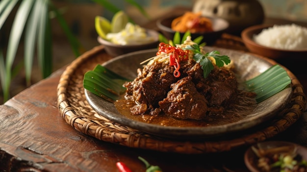 Beef Rendang against a festive Indonesian celebration