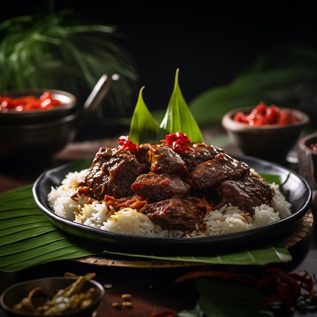 Beef rendang is served with rice on a plate covered in banana leaves