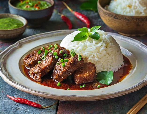 Photo beef rendang with white rice