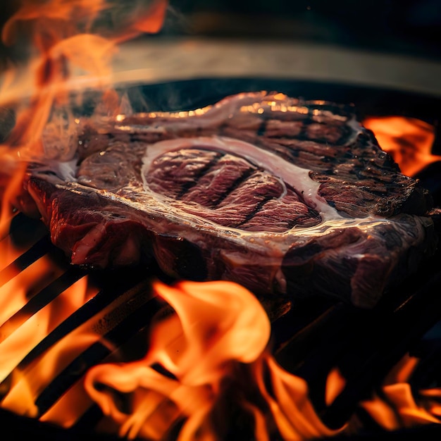 Beef ribeye steak grilling on flaming grill during 4th of july