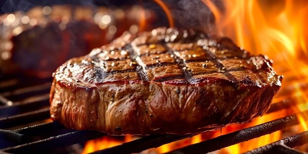 Beef ribeye steak grilling on a flaming grill Generative AI