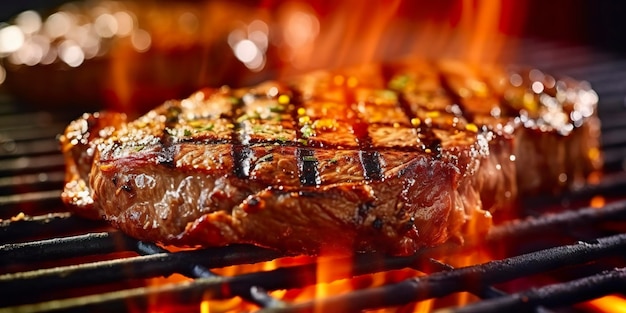 Beef ribeye steak grilling on a flaming grill Generative AI