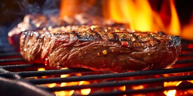 Beef ribeye steak grilling on a flaming grill