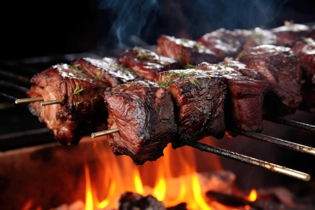 Beef ribs on skewer against bbq grill backdrop