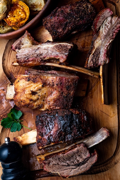 Beef ribs on wood board