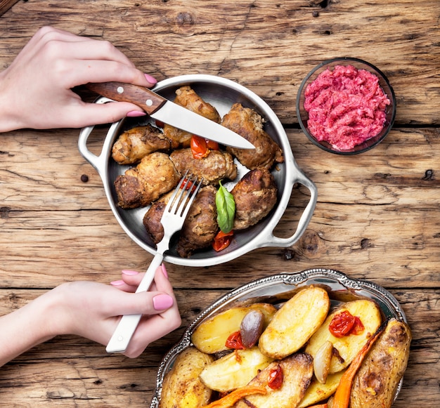 Beef roulades in a metal bowl