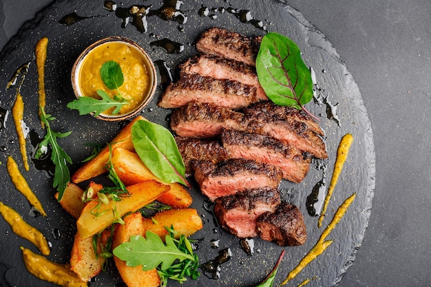 Beef rump steak from marble beef medium rare with potatoes and sauce on stone plate closeup Selective focus