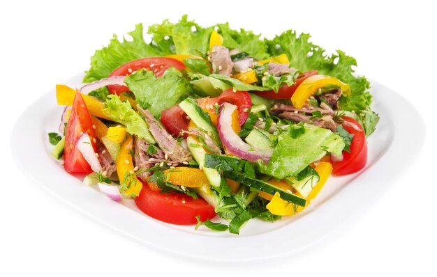Photo beef salad on plate isolated on white