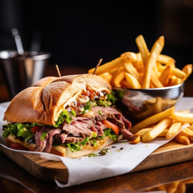 A beef sandwich with a portion of french fries blurred restaurant in the background