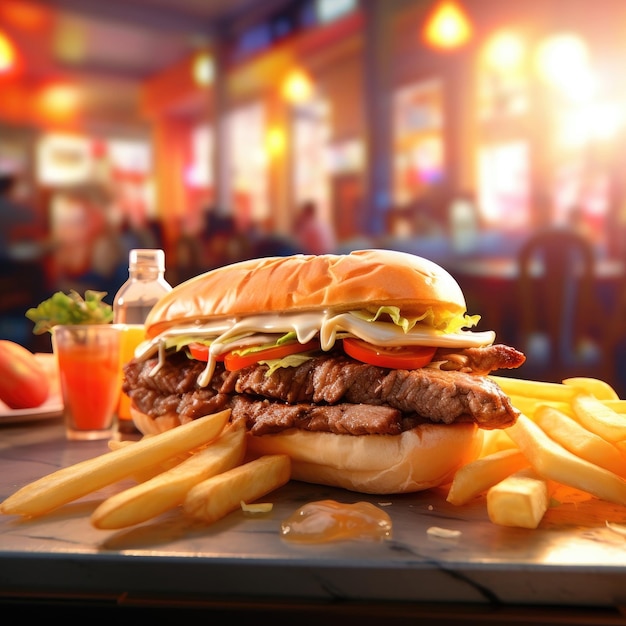 A beef sandwich with a portion of french fries blurred restaurant in the background