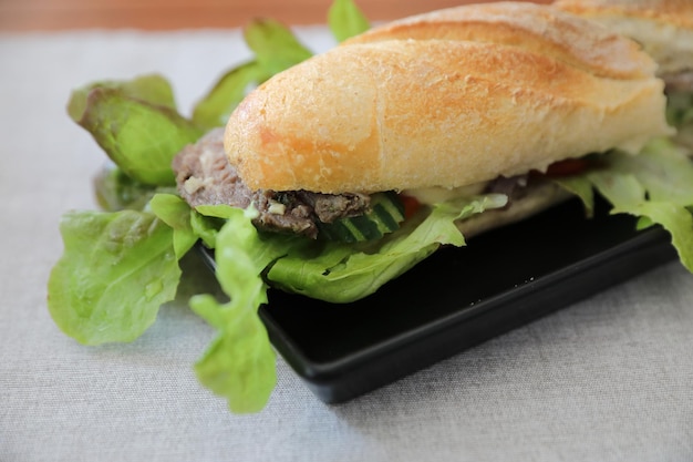 Beef sandwich on wood background