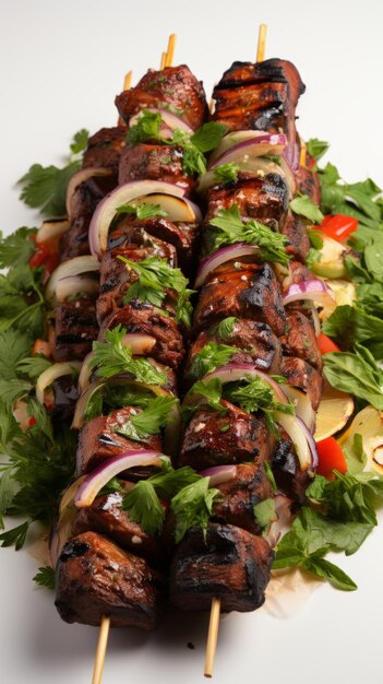 Photo beef shish kebabs with grilled vegetables and herbs