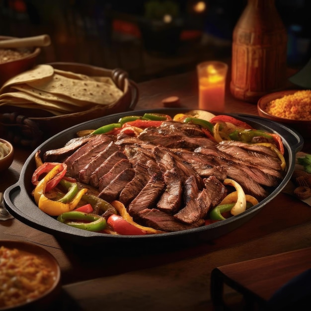 Beef sirloin with vegetables in a castiron skillet