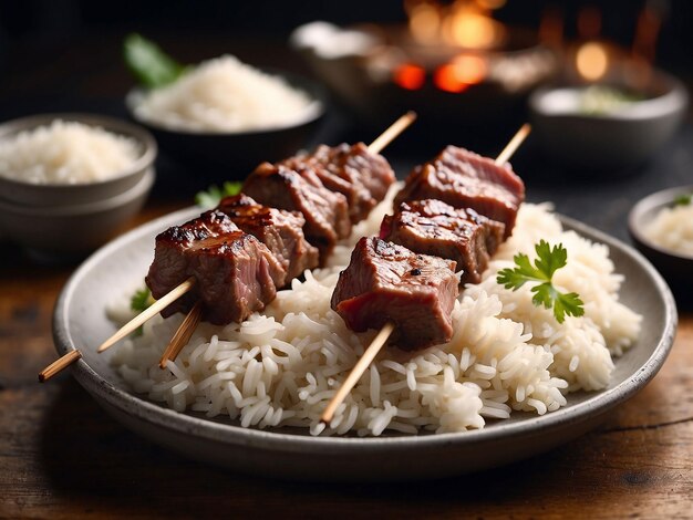 Beef skewers on a bed of white rice